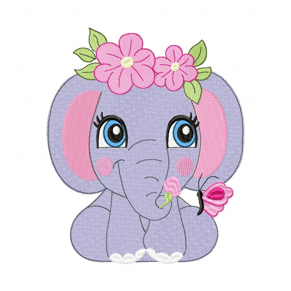 Elephant Girl with Flowers - Fill Stitch - Machine Embroidery Design