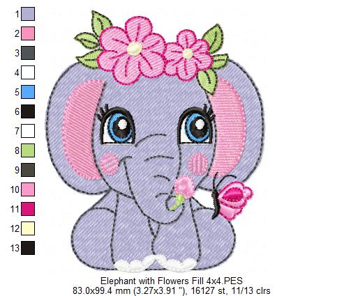 Elephant Girl with Flowers - Fill Stitch Embroidery
