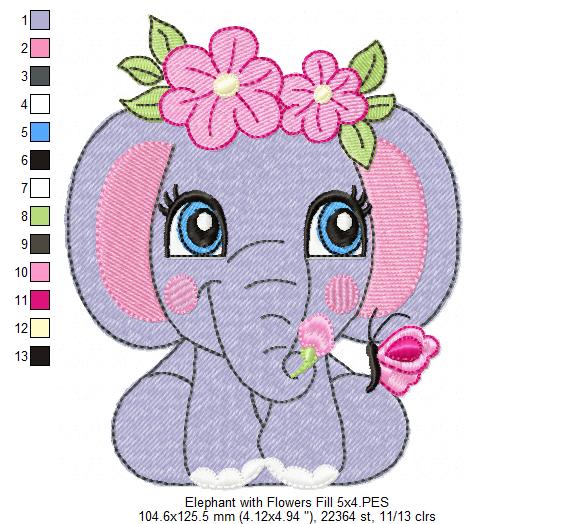 Elephant Girl with Flowers - Applique & Fill Stitch - Set of 2 designs