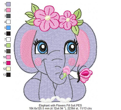 Elephant Girl with Flowers - Applique & Fill Stitch - Set of 2 designs