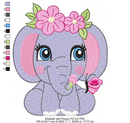 Elephant Girl with Flowers - Fill Stitch - Machine Embroidery Design