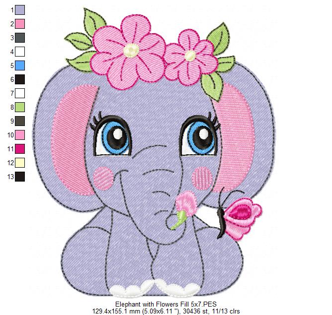 Elephant Girl with Flowers - Applique & Fill Stitch - Set of 2 designs