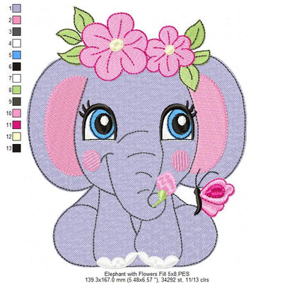 Elephant Girl with Flowers - Applique & Fill Stitch - Set of 2 designs