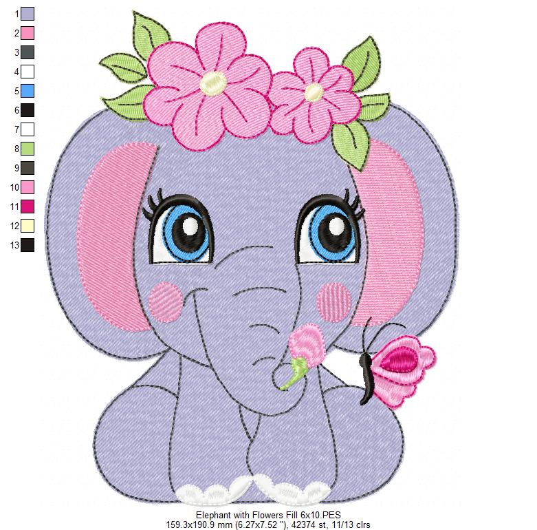 Elephant Girl with Flowers - Fill Stitch - Machine Embroidery Design