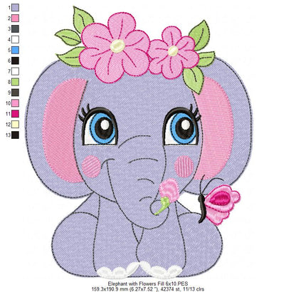 Elephant Girl with Flowers - Fill Stitch - Machine Embroidery Design