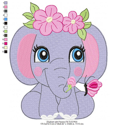 Elephant Girl with Flowers - Applique & Fill Stitch - Set of 2 designs