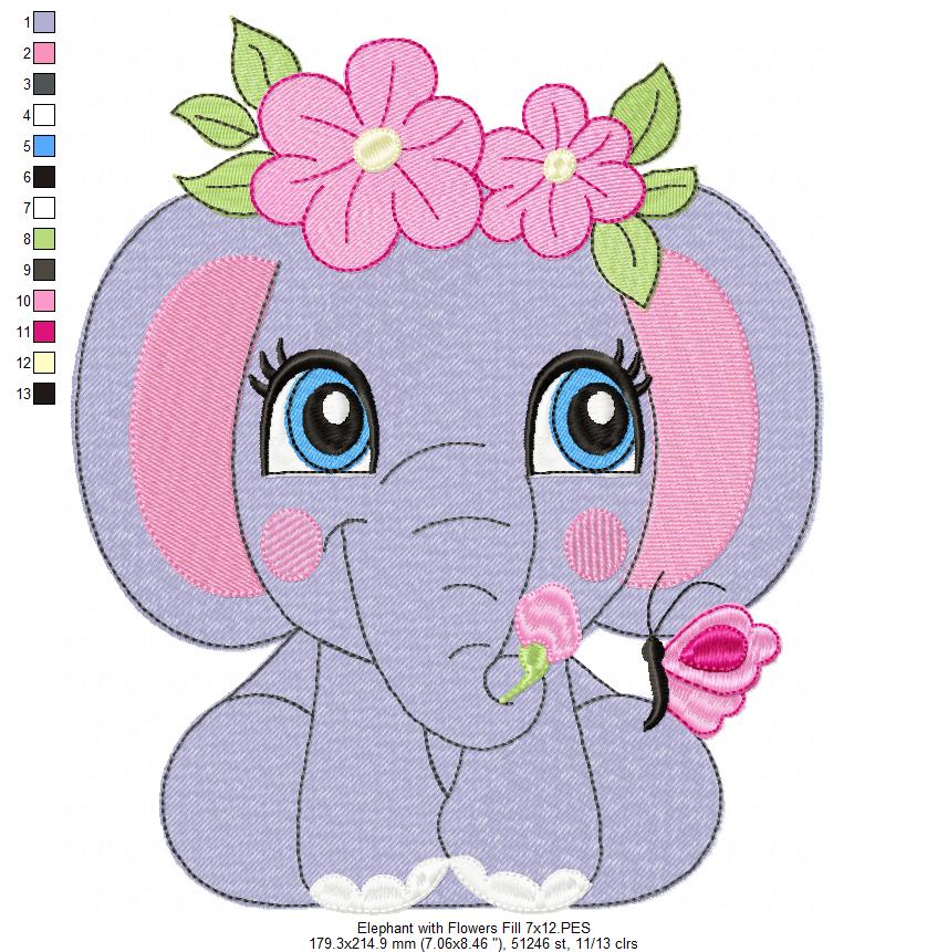 Elephant Girl with Flowers - Applique & Fill Stitch - Set of 2 designs