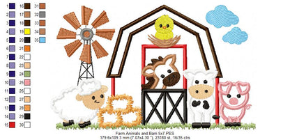 Farm Animals, Barn and Windmill - Applique