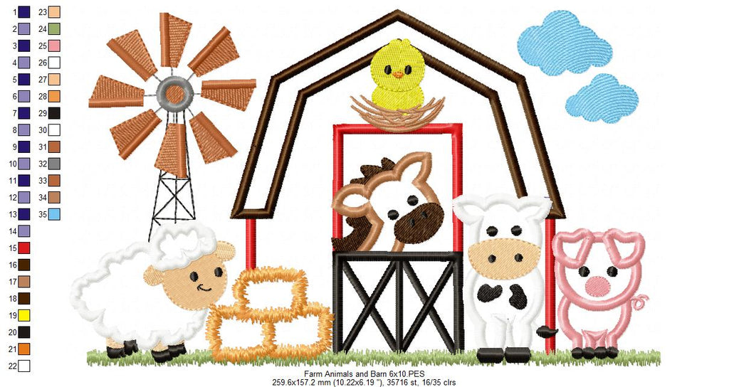 Farm Animals, Barn and Windmill - Applique