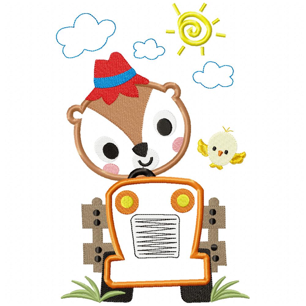 Farm Squirrel Tractor - Appliqué - Machine Embroidery Design