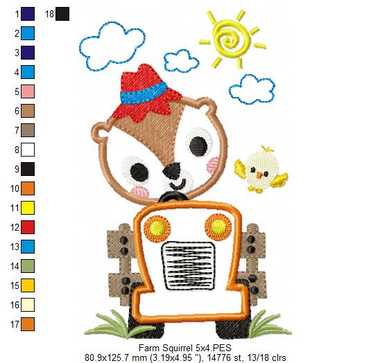 Farm Squirrel Tractor - Appliqué - Machine Embroidery Design