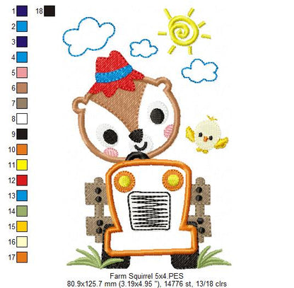 Farm Squirrel Tractor - Appliqué - Machine Embroidery Design