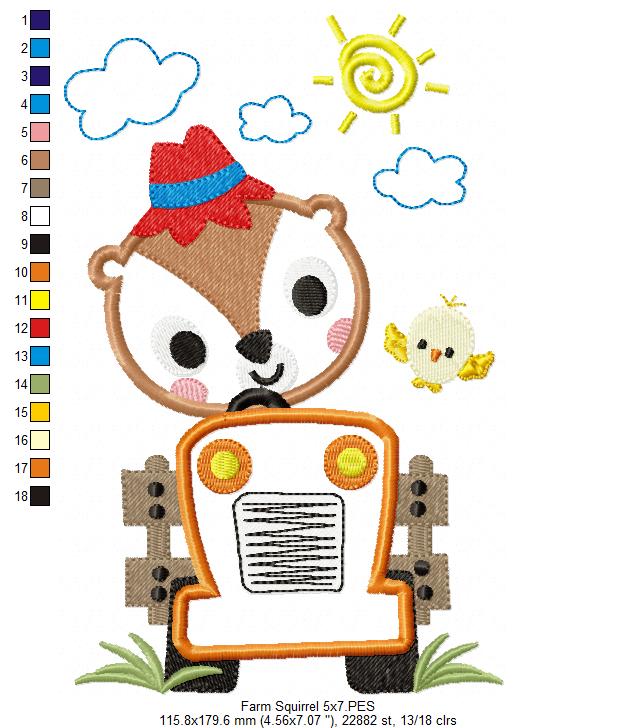 Farm Squirrel Tractor - Appliqué - Machine Embroidery Design