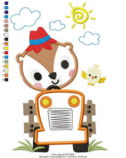 Farm Squirrel Tractor - Appliqué - Machine Embroidery Design