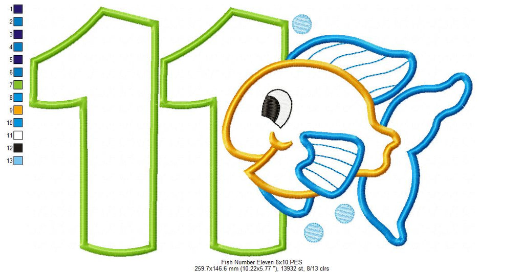 Fish Number Eleven 11 Elenth Birthday - Applique