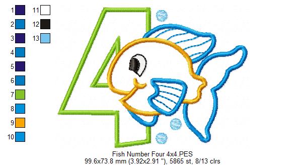 Fish Number 4 Four 4th birthday - Applique