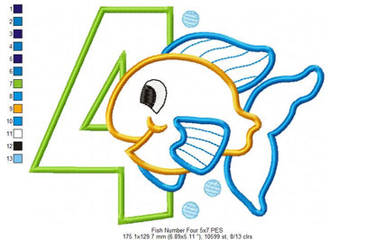 Fish Number 4 Four 4th birthday - Applique