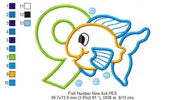 Fish Number 9 Nine 9th Birthday - Applique