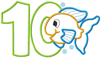 Fish Number Ten 10 Tenth Birthday - Applique