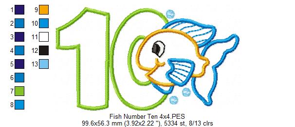 Fish Number Ten 10 Tenth Birthday - Applique