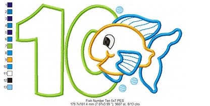 Fish Number Ten 10 Tenth Birthday - Applique