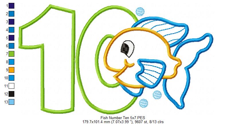 Fish Number Ten 10 Tenth Birthday - Applique