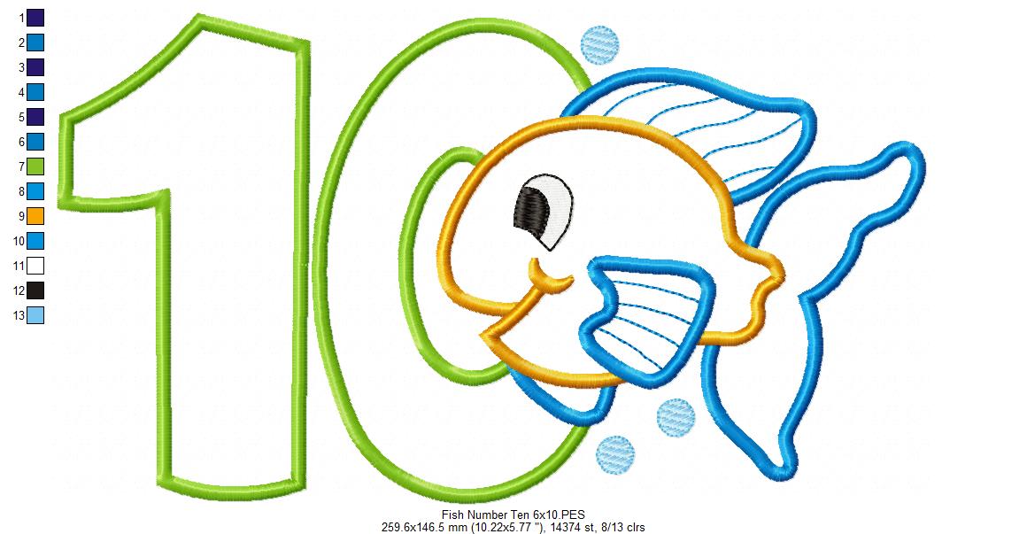 Fish Number Ten 10 Tenth Birthday - Applique