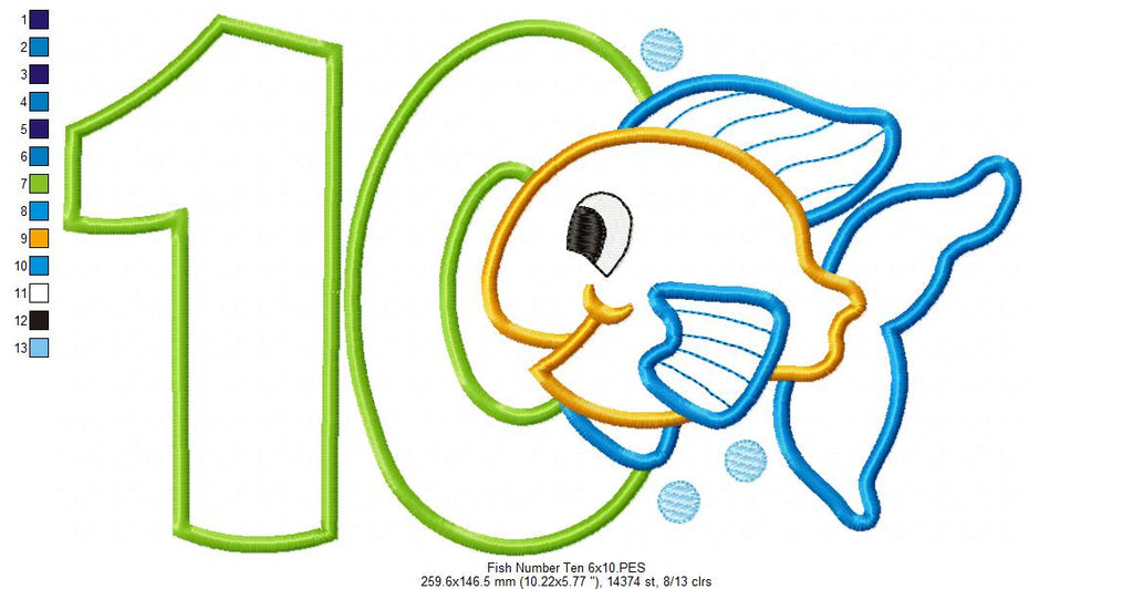 Fish Number Ten 10 Tenth Birthday - Applique