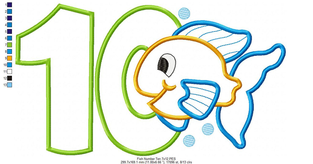 Fish Number Ten 10 Tenth Birthday - Applique