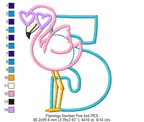 Flamingo with Sunglasses 5th Birthday Number 5 Five - Applique - Machine Embroidery Design