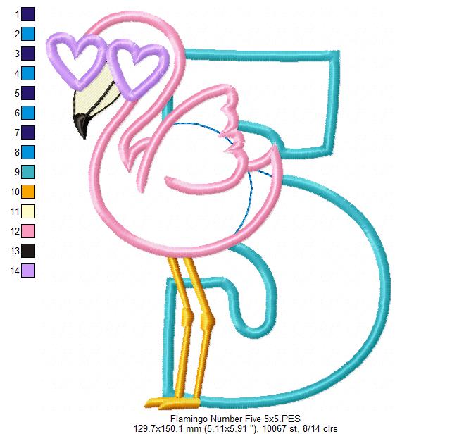 Flamingo with Sunglasses 5th Birthday Number 5 Five - Applique - Machine Embroidery Design