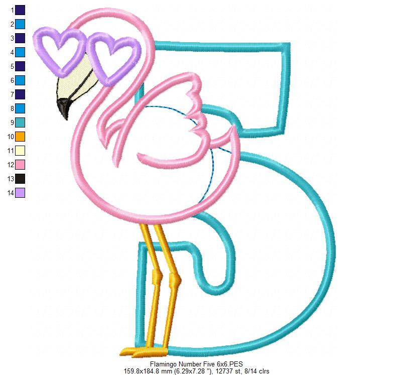 Flamingo with Sunglasses 5th Birthday Number 5 Five - Applique - Machine Embroidery Design