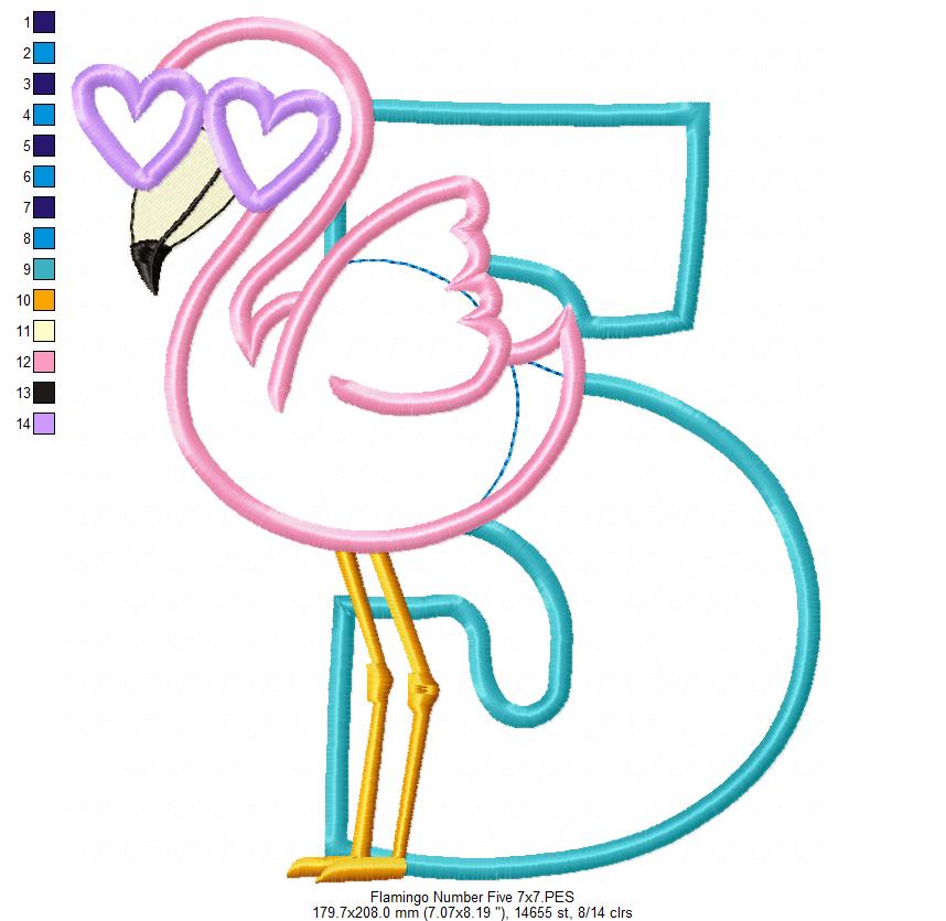 Flamingo with Sunglasses 5th Birthday Number 5 Five - Applique - Machine Embroidery Design