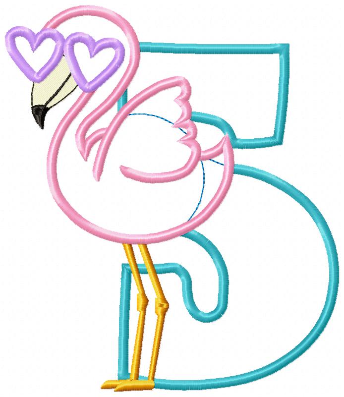 Flamingo with Sunglasses 5th Birthday Number 5 Five - Applique - Machine Embroidery Design