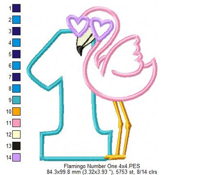 Flamingo with Sunglasses One First Birthday Number 1 One - Applique