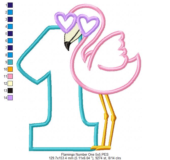 Flamingo with Sunglasses One First Birthday Number 1 One - Applique