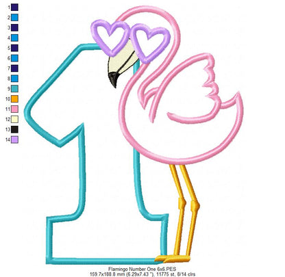Flamingo with Sunglasses One First Birthday Number 1 One - Applique