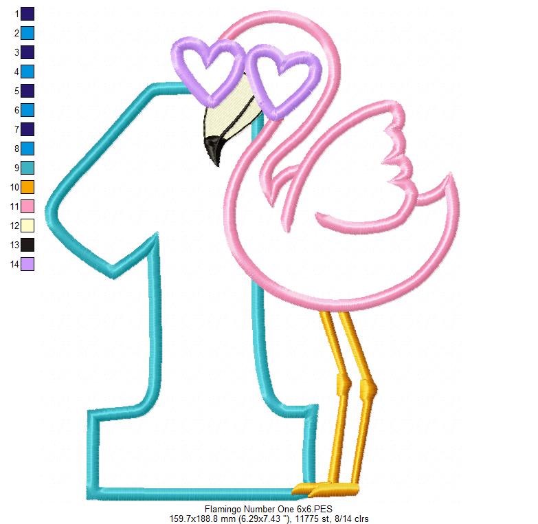 Flamingo with Sunglasses One First Birthday Number 1 One - Applique