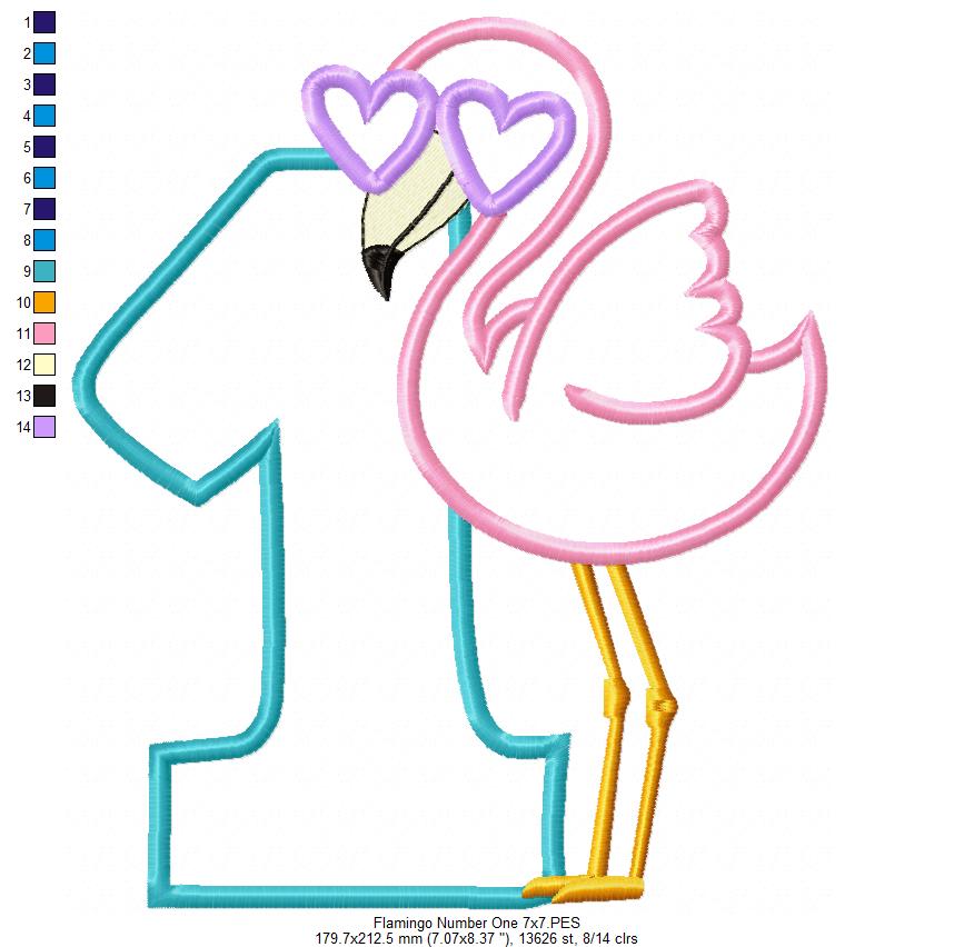 Flamingo with Sunglasses One First Birthday Number 1 One - Applique