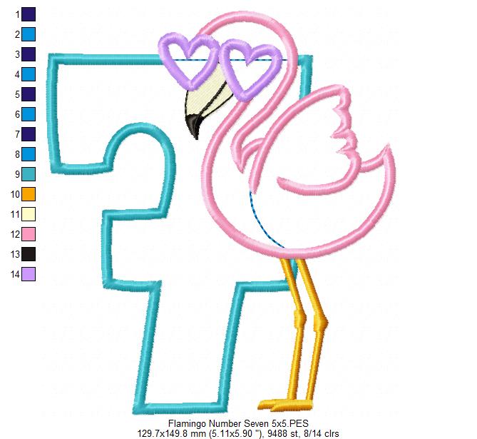 Flamingo with Sunglasses Number 7 Seven 7th Birthday - Applique