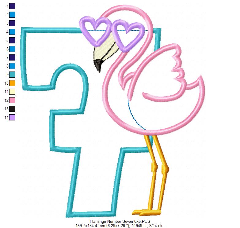 Flamingo with Sunglasses Number 7 Seven 7th Birthday - Applique