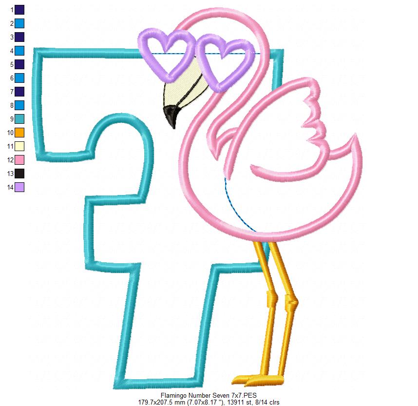 Flamingo with Sunglasses Number 7 Seven 7th Birthday - Applique