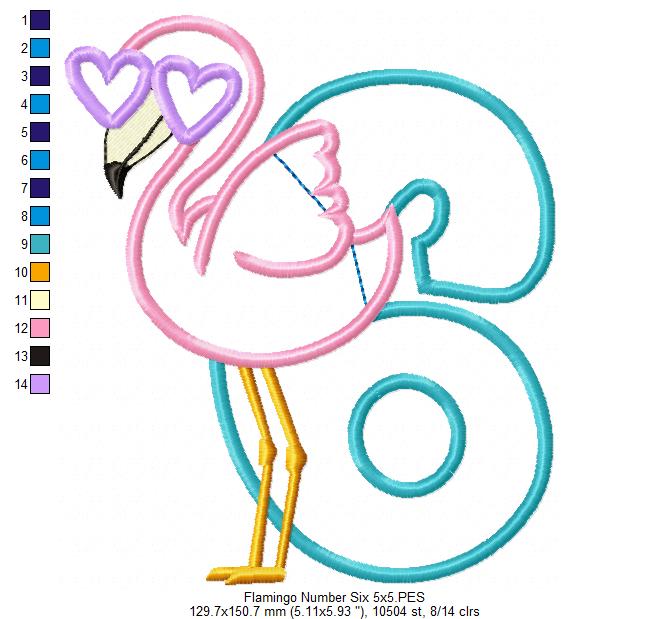 Flamingo with Sunglasses Number 6 Six 6th Birthday - Applique