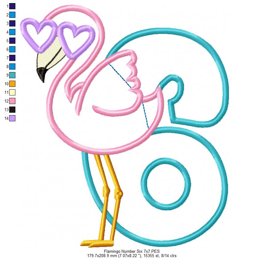Flamingo with Sunglasses Number 6 Six 6th Birthday - Applique