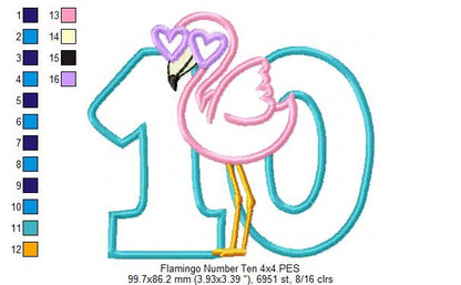 Flamingo with Sunglasses Birthday Number Ten 10 Tenth Birthday - Applique