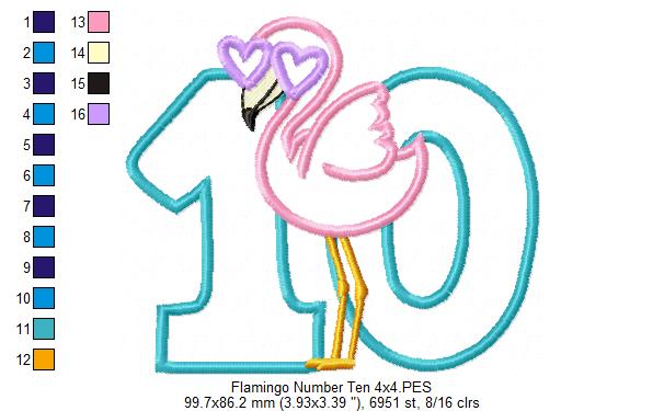 Flamingo with Sunglasses Birthday Number Ten 10 Tenth Birthday - Applique