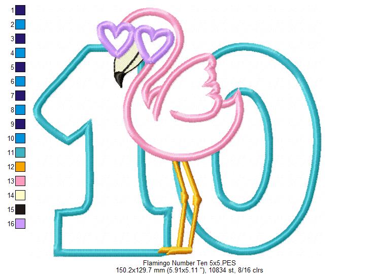 Flamingo with Sunglasses Birthday Number Ten 10 Tenth Birthday - Applique