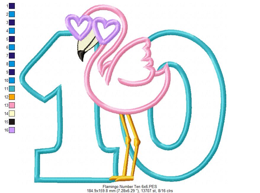 Flamingo with Sunglasses Birthday Number Ten 10 Tenth Birthday - Applique