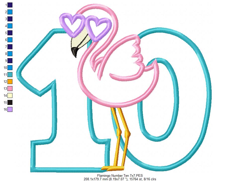 Flamingo with Sunglasses Birthday Number Ten 10 Tenth Birthday - Applique