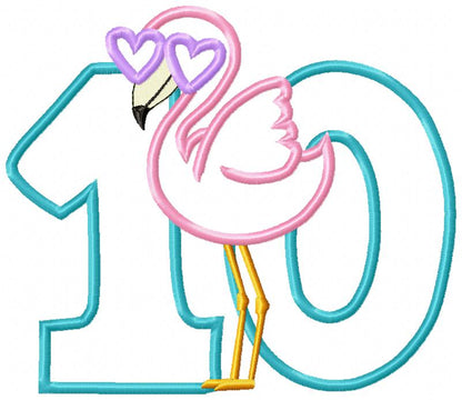 Flamingo with Sunglasses Birthday Number Ten 10 Tenth Birthday - Applique